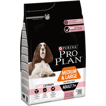 PURINA PRO PLAN Dog Medium&Large Adult с OPTIDERMA - Суха храна със сьомга за възрастни кучета 7+ от средни и големи породи с чувствителна кожа, 14kg