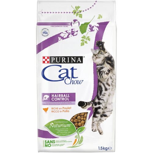 PURINA CAT CHOW Cat, Hairball Control с Naturium™- Суха храна с пиле, подпомагаща изхвърлянето на космени топки1,5кг.
