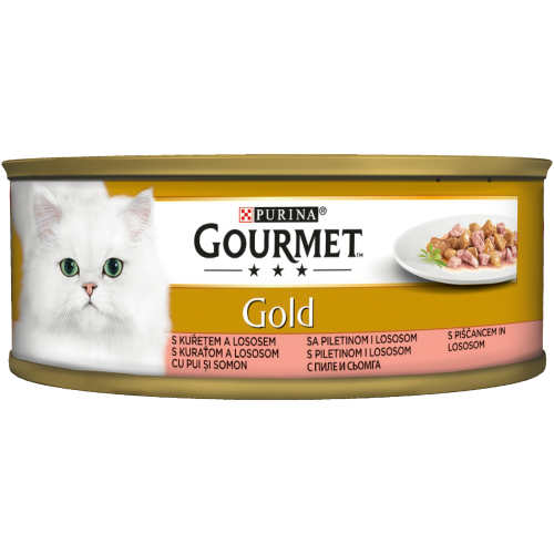 PURINA GOURMET Gold- Консерва за котки в зряла възраст с Пилешко месо и Сьомга, Мокра храна 85 гр. 