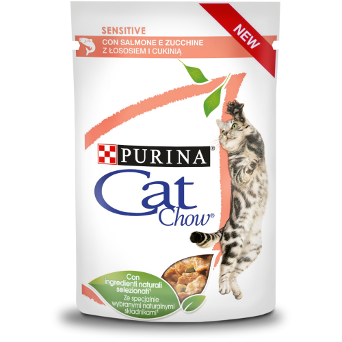 PURINA CAT CHOW SENSITIVE - Пауч за котки с чувствителен стомах над 1 година със Сьомга и Тиква, 85гр.