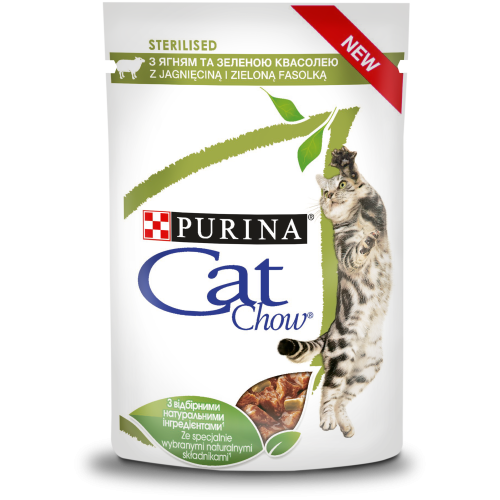 PURINA CAT CHOW STERILISED- Пауч за кастрирани котки над 1 година с Агне и Зелен Фасул в сос, 85гр.