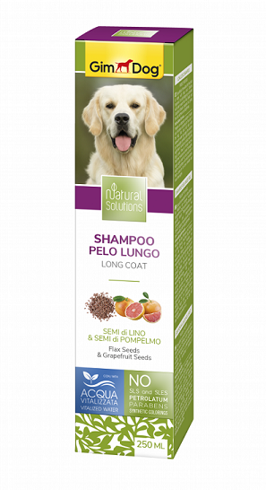 Шампоан за дългокосмести кучета  продукт от линията Natural Solutions на GimDog  със семена от лен и грейпфрут 250 ml