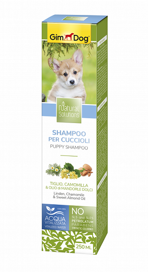 Шампоан  Puppy - за подрастващи кучета  продукт от линията Natural Solutions на GimDog  с липа, лайка и бадемово масло 250 ml