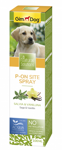 P-On Site Spray - Привличащ спрей  (помага за създаването подходящи места за уриниране)  продукт от линията Natural Solutions на GimDog  с градински чай и ванилин 100 ml
