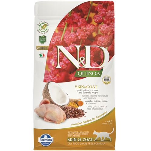 N&D QUINOA SKIN & COAT с пъдпъдъче месо – Пълноценна храна за котки в зряла възраст с пъдпъдъче месо, киноа, кокос и куркума 1.5 кг.