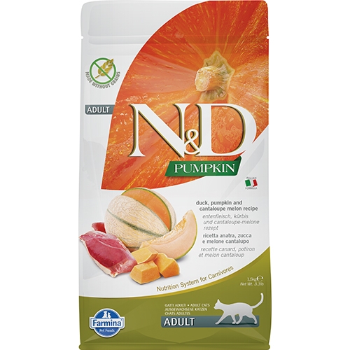 N&D Duck&Cantalope Melon – Пълноценна храна за котки в зряла възраст с патица, тиква и пъпеш 1.5 кг.