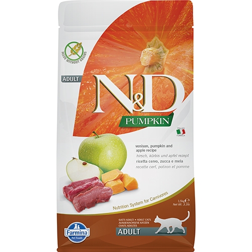 N&D Venison&Apple Adult – Пълноценна храна за котки в зряла възраст с еленско месо, тиква и ябълки. 1.5 кг.