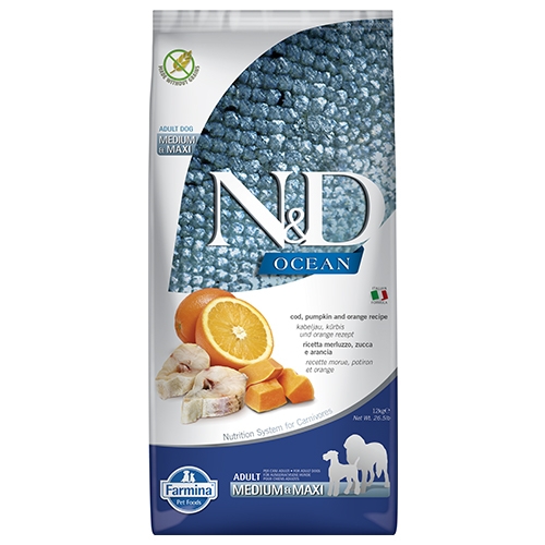 N&D Medium&Maxi Adult Codfish & Orange – Пълноценна храна за кучета от средни и едри породи в зряла възраст с риба треска, тиква и портокал 12 кг.