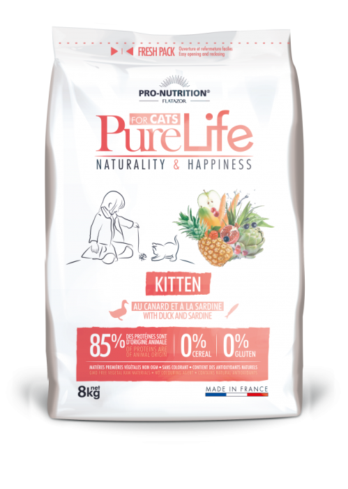 Pure Life KITTEN  - Пълноценна храна за котенца, бременни и кърмачки с патешко и сардини, без зърнени култури и глутен 2кг.