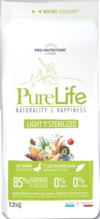 Pro-Nutrition Flatazor Pure Life Light/Sterilized - Пълноценна храна за кучета със склонност към наднормено тегло и/или кастрирани кучета 12 кг