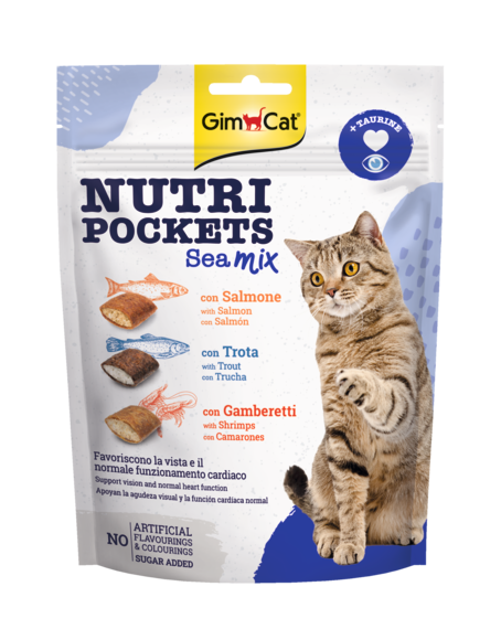 GimCat Nutri Pockets – Хрупкави джобчета Морски коктейл със сьомга, пъстърва и скариди + таурин 
