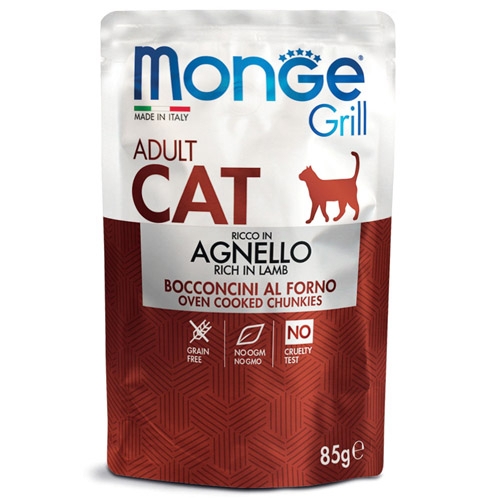  Monge Grill Adult с агнешко – пауч с хапки в желе – за котки в зряла възраст, 12бр х 85 гр.