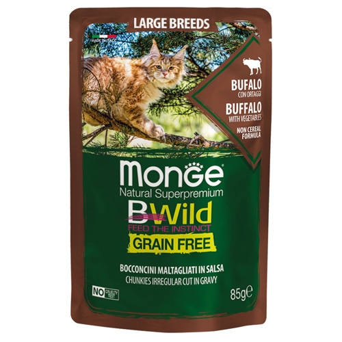Monge BWILD Grain Free Large Breeds – Пауч с биволско и зеленчуци, без зърно, за котенца и котки от едрите породи, 12бр х 85 гр.