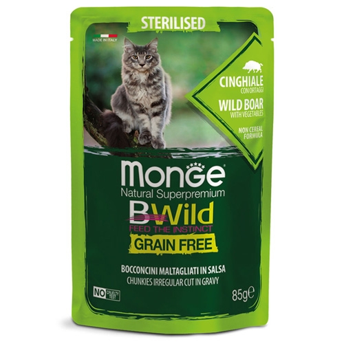 Monge BWILD Grain Free Sterilised – Пауч с глиганско и зеленчуци, без зърно, за кастрирани котки над 1 г., 12бр х 85 гр.