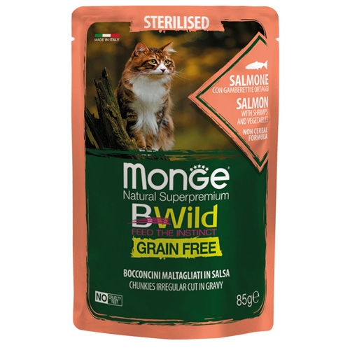 Monge BWILD Grain Free Sterilised – Пауч със сьомга, скариди и зеленчуци, без зърно, за кастрирани котки над 1 г., 12бр х 85 гр.