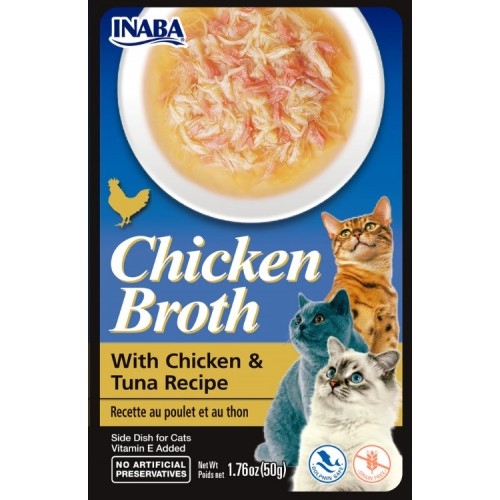 Inaba Chicken Broth - Chicken & Tuna - Лакомство за котки, пилешки късчета в в бульон с риба тон, 50 гр.