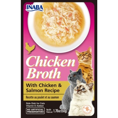 Inaba Chicken Broth - Chicken & Salmon - Лакомство за котки, пилешки късчета в бульон със сьомга, 50 гр.