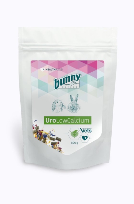 Bunny Nature UroLowCalcium - Пълноценна храна за пораснали мини зайчета за подкрепа на уринарния тракт, 800 гр.
