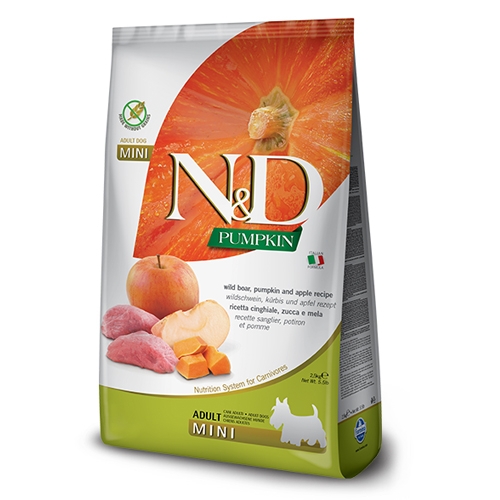 N&D Pumpkin Mini Adult Boar & Apple – Храна за кучета от дребни породи, над 1 г. с глиганско и ябълка, 800гр.