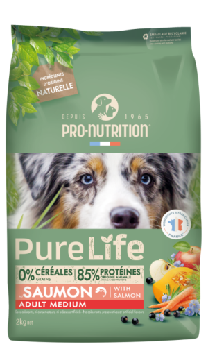 Pure Life Dog ADULT MEDIUM - Суха храна за кучета от средни породи над 1 г, със сьомга, без зърно, 2 кг. 